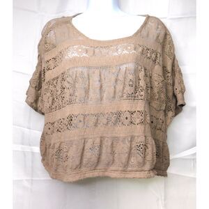Vtg. Lacey Crop Boho Over Top Sz. M Brown Artsy Textured Chic Batwing Sleeves